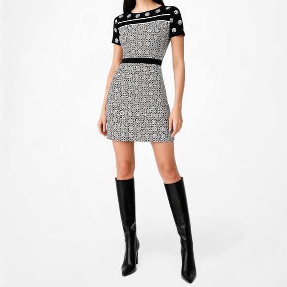 Vintage Y2K Loft Black White Printed Short Sleeve Knit Knee Length Dress Size M - Picture 2 of 6